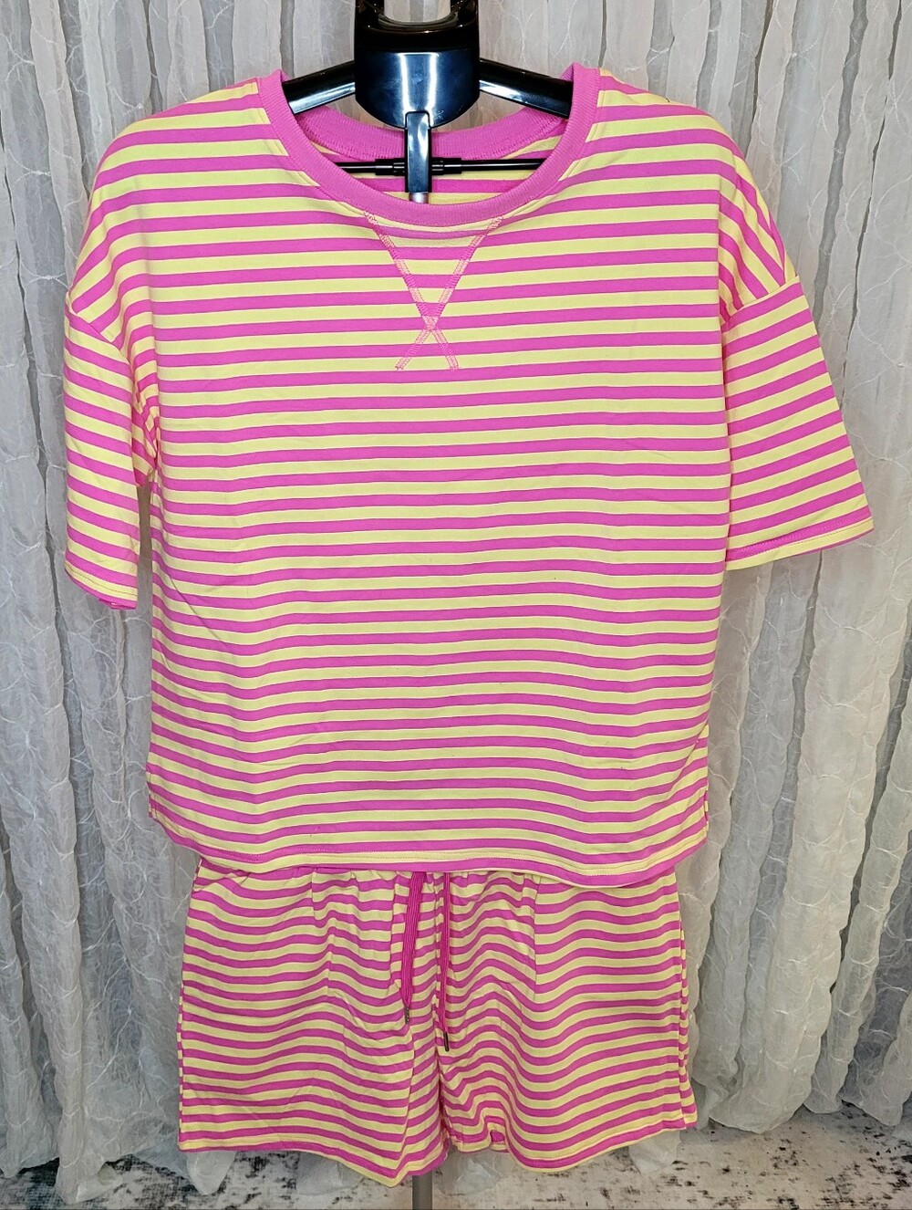 Pink & Yellow Striped Two-Piece Short Set Short sleeve Crew Neck Size Large
